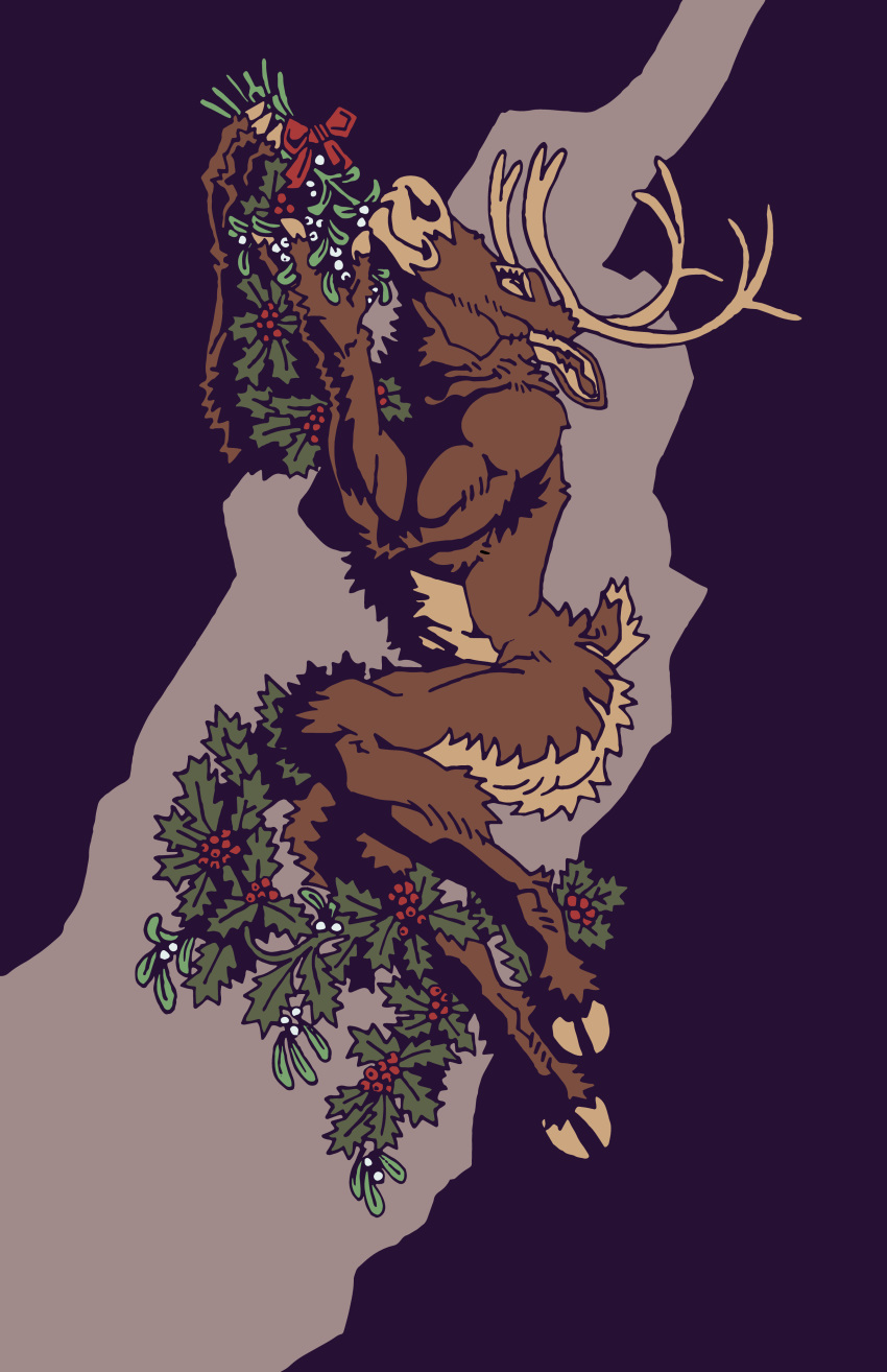 absurd_res anthro antlers bow breasts butt butt_fluff capreoline cervid cervine eyes_closed female fur hi_res holly_(plant) hooves horn mammal mistletoe momamo muscular muscular_anthro muscular_female nude plant reindeer scut_tail simple_background smile solo tasteful tasteful_nudity tuft