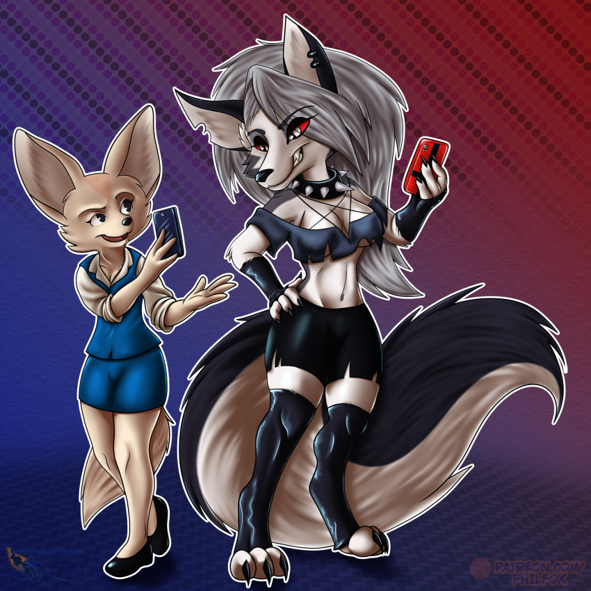 1:1 2020 absurd_res aggressive_retsuko anthro big_tail black_body black_fur black_nose bottomwear breasts canid canid_demon canine claws clothing collar crossover demon dress duo ear_piercing female fennec fenneko fingerless_gloves footwear fox fur gloves grey_body grey_fur grey_hair hair handwear hellhound helluva_boss hi_res holding_object inner_ear_fluff leggings legwear loona_(vivzmind) mammal navel notched_ear philfox phone piercing red_sclera sanrio shoes shorts smile spiked_collar spikes standing tan_body tan_fur toe_claws torn_bottomwear torn_clothing torn_shorts tuft under_boob white_body white_eyes white_fur white_inner_ear