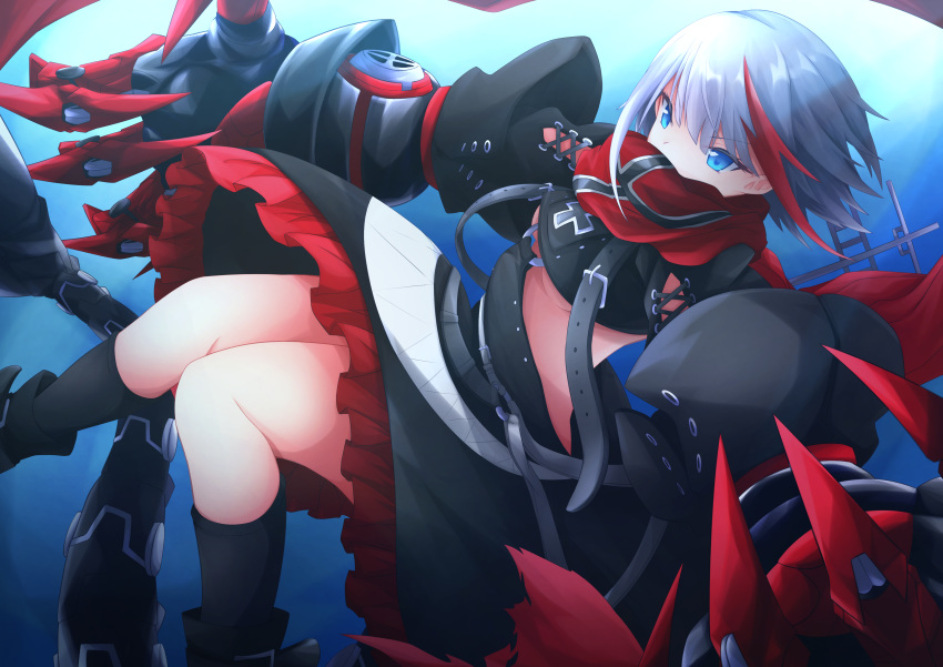 absurdres admiral_graf_spee_(azur_lane) azur_lane bandeau bangs belt black_bandeau black_footwear black_legwear black_skirt blue_background blue_eyes boots breasts buckle claw_(weapon) clawed_gauntlets claws combat_boots commentary_request covered_mouth eyebrows eyebrows_visible_through_hair frilled_skirt frills gauntlets highres holding holding_weapon iron_cross kneehighs knees_together_feet_apart leather leather_belt leather_boots long_scarf long_sleeves mechanical_tail medium_breasts medium_hair metal_gloves midriff multicolored multicolored_clothes multicolored_hair multicolored_skirt osatou_(soul_of_sugar) puffy_sleeves red_hair red_scarf red_skirt rigging scarf scarf_over_mouth short_hair sidelocks silver_hair skirt socks strap streaked_hair tail thighs underboob weapon