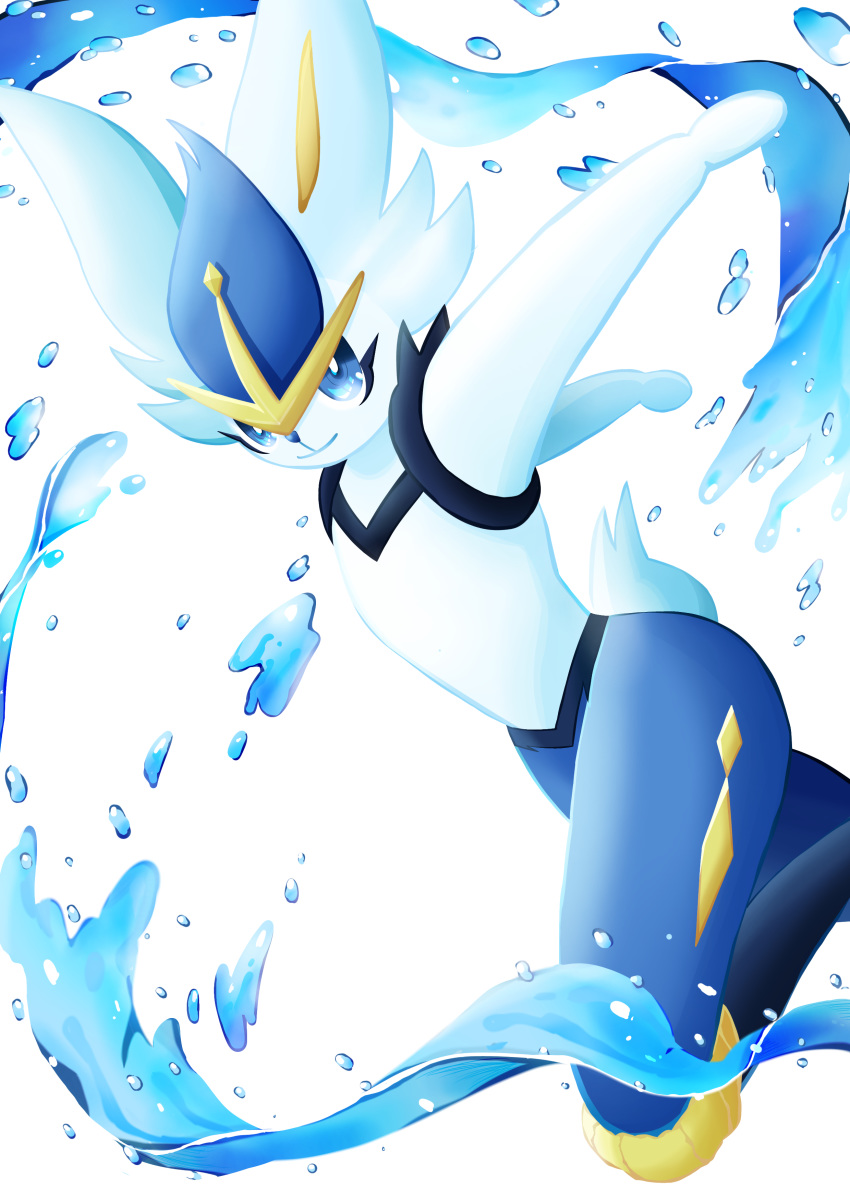 absurdres alternate_color blue_eyes cinderace closed_mouth commentary_request gen_8_pokemon highres pokemon pokemon_(creature) ramia_(uohsmrtk) simple_background smile solo water water_drop white_background