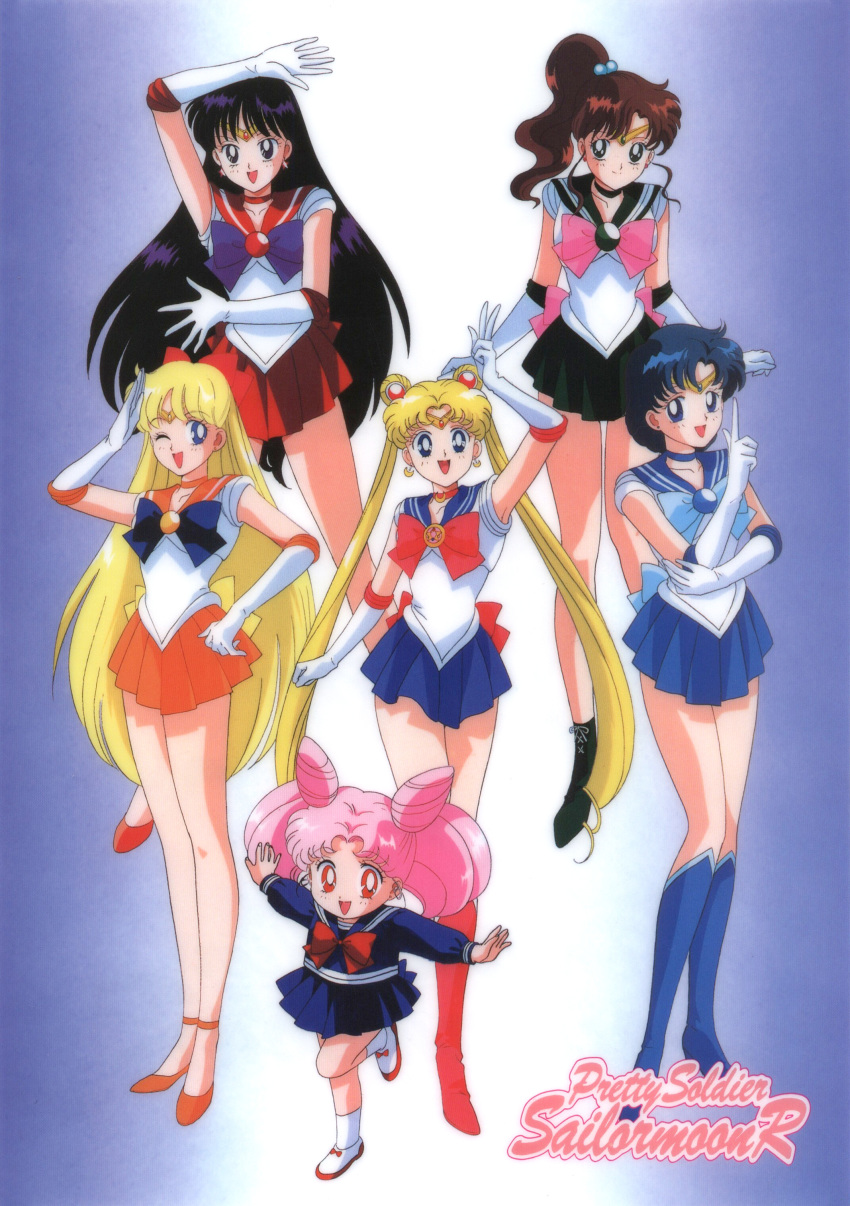 1990s_(style) absurdres aino_minako arm_up bangs bishoujo_senshi_sailor_moon black_eyes black_hair blonde_hair blue_eyes blue_hair blue_skirt boots brown_hair chibi_usa choker copyright_name crescent crescent_earrings double_bun earrings elbow_gloves eyebrows_visible_through_hair gloves green_eyes green_skirt hair_bobbles hair_ornament high_ponytail highres hino_rei index_finger_raised jewelry kino_makoto knee_boots leotard long_hair long_sleeves looking_at_viewer mizuno_ami official_art one_eye_closed open_mouth orange_skirt outstretched_arms pink_hair pleated_skirt red_eyes red_skirt sailor_chibi_moon sailor_collar sailor_jupiter sailor_mars sailor_mercury sailor_moon sailor_venus salute scan short_hair skirt smile spread_arms star_(symbol) star_earrings strappy_heels stud_earrings super_sailor_chibi_moon super_sailor_moon tiara tsukino_usagi twintails very_long_hair w