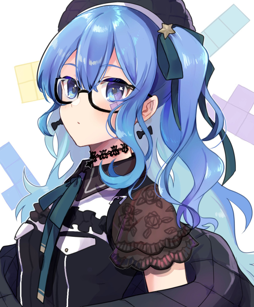 1girl beret bespectacled black-framed_eyewear blue_eyes blue_hair bow bow_earrings choker drop_earrings earrings floral_print glasses hat highres hololive hoshimachi_suisei jewelry lace lace-trimmed_sleeves lace_choker lace_trim long_hair looking_at_viewer off-shoulder_coat padded_coat rose_print semi-rimless_eyewear shinomiya_shino_(sinosino141) short_hair side_ponytail simple_background solo tetris under-rim_eyewear upper_body wavy_hair white_background