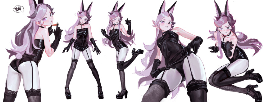 1girl adjusting_clothes animal_ears ass black_footwear black_gloves black_legwear black_leotard brown_eyes brown_hair bunny_ears bunny_tail carrot choker commentary elbow_gloves english_text eyelashes eyeshadow fishnets fkey food garter_straps gloves halterneck head_tilt high_heels highres holding holding_food leotard long_hair looking_at_viewer looking_back looking_down makeup mole multicolored_hair open_mouth original pantyhose playboy_bunny purple_eyes purple_hair shiny shiny_clothes simple_background speech_bubble standing standing_on_one_leg sweatdrop tail thighhighs two-tone_hair white_legwear
