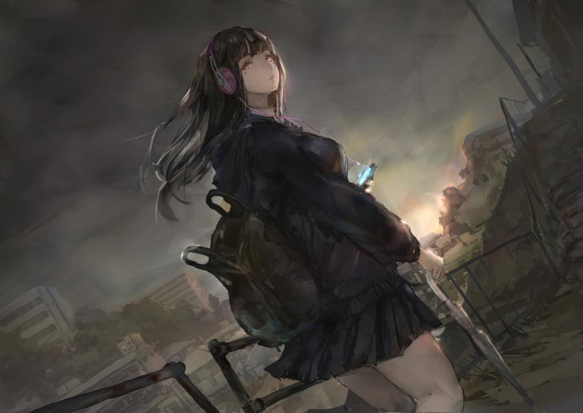 1girl backpack bag bangs breasts brown_hair building commentary_request headphones highres holding holding_umbrella long_hair long_sleeves looking_at_viewer original outdoors school_uniform skirt sky solo tori_(qqqt) tree umbrella