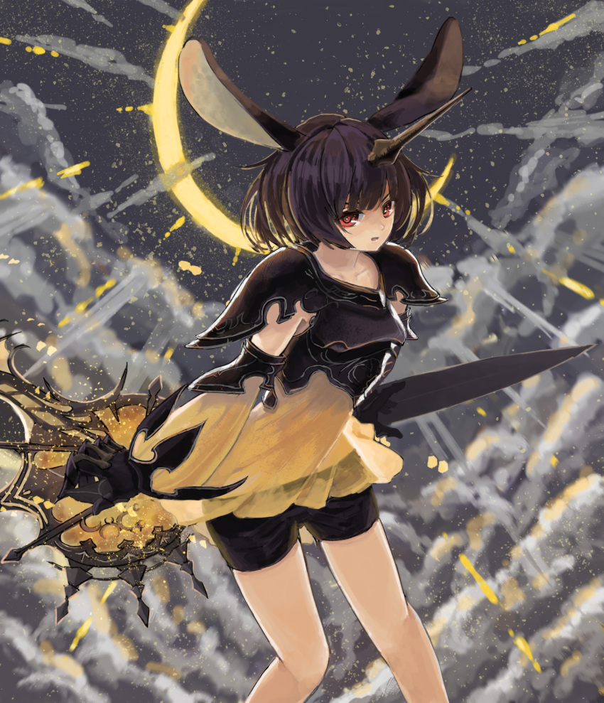 1girl animal_ears banana_mochi bangs black_hair black_shorts bunny_ears cloud commentary crescent detached_sleeves highres holding holding_weapon horns looking_at_viewer moon_al-mi'raj outdoors red_eyes shadowverse shingeki_no_bahamut short_hair short_shorts shorts single_horn solo standing weapon