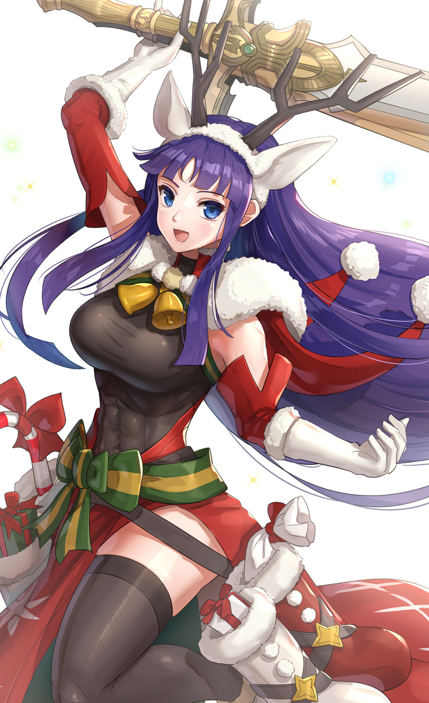 1girl :d abs absurdres alondite altina animal_ears antlers bare_shoulders bell black_legwear blue_eyes boots box breasts candy candy_cane christmas covered_navel deer_ears fake_antlers fire_emblem fire_emblem:_radiant_dawn fire_emblem_heroes food gift gift_box gloves gonzarez highres holding holding_sword holding_weapon huge_weapon large_breasts long_hair muscle open_mouth purple_hair reindeer_antlers sack simple_background skin_tight smile solo sword thighhighs weapon white_background white_gloves zettai_ryouiki