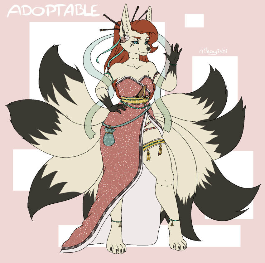 9_tails anklet anthro armband asian_clothing asian_mythology balls black_sclera blonde_tail blue_eyes bracelet breasts canid canine claws clothed clothing curvy_figure digital_media_(artwork) ear_piercing east_asian_clothing east_asian_mythology fan_(disambiguation) female fennec fox fox_spirit fur gem genitals gold_(metal) gold_jewelry hair hi_res japanese_clothing jewelry kimono legwear long_hair looking_at_viewer mammal markings multi_tail multicolored_body multicolored_fur mythology nikoyishi pearl_(gem) piercing red_hair simple_background smile solo tassels text thick_thighs two_tone_body two_tone_fur voluptuous wide_hips yellow_body yellow_fur