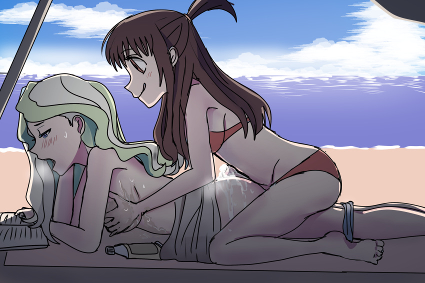 2girls beach bikini blanket blonde_hair blue_eyes blush breasts brown_hair couple diana_cavendish groping happy highres kagari_atsuko little_witch_academia long_hair looking_at_another lotion macartura08 moaning multicolored_hair multiple_girls ocean open_mouth red_eyes sand smile swimsuit two-tone_hair water wavy_hair yuri