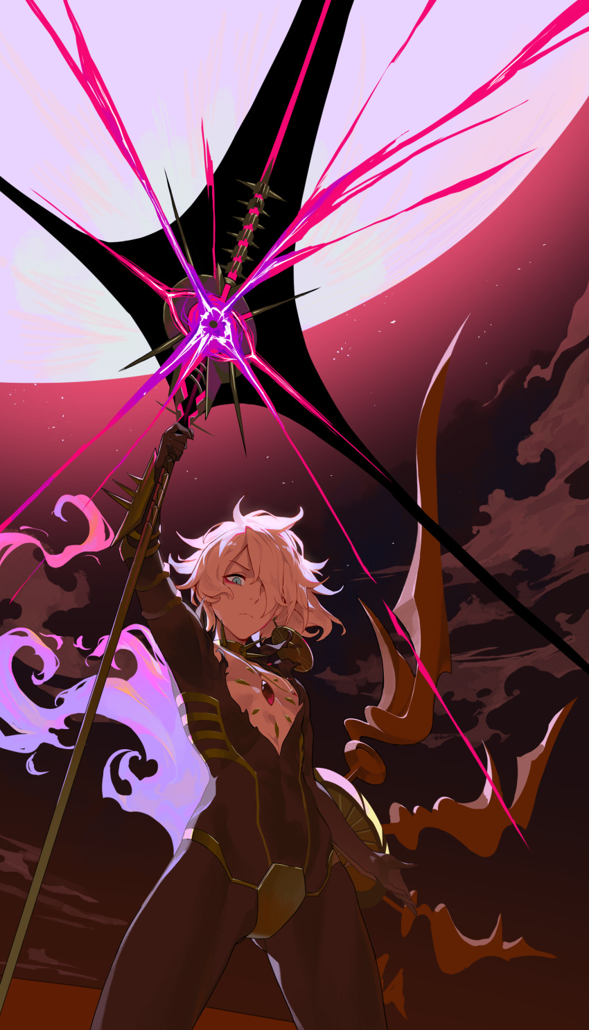 1boy absurdres arm_at_side arm_up bangs black_bodysuit blue_eyes bodysuit bsue commentary_request energy fate/apocrypha fate/grand_order fate_(series) from_below gem hair_over_one_eye highres holding holding_staff jewelry karna_(fate) looking_at_viewer male_focus moon outdoors pale_skin solo staff white_hair