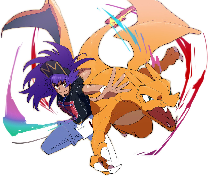 1boy bangs baseball_cap charging_forward charizard claws dynamax_band eyebrows_visible_through_hair fighting_stance floating_hair gen_1_pokemon hat highres leggings leon_(pokemon) long_hair male_focus morio_(poke_orio) pokemon pokemon_(creature) pokemon_(game) pokemon_swsh purple_hair shirt short_sleeves shorts smile teeth tongue white_legwear white_shorts