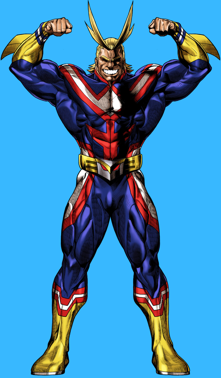 1boy all_might antenna_hair aqua_background bara biceps blonde_hair blue_bodysuit bodysuit boku_no_hero_academia bulge covered_abs covered_eyes covered_navel flexing full_body galeoria grin hair_slicked_back highres looking_at_viewer male_focus muscle pectorals pose short_hair smile solo superhero thick_thighs thighs veins