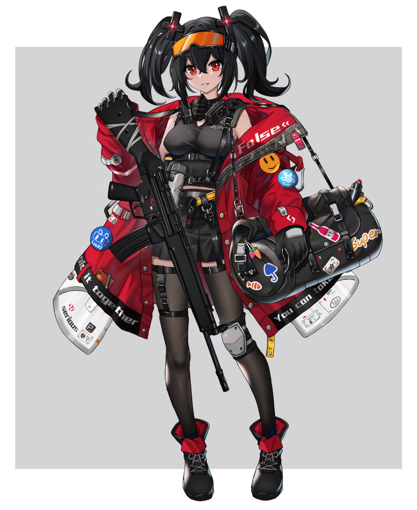 1girl absurdres aer7o ankle_boots assault_rifle bag black_gloves black_hair black_legwear black_skirt boots border breasts cyberpunk d-pad d-pad_hair_ornament duffel_bag eyewear_on_head full_body garters gas_mask gloves grey_background gun hair_ornament highres jacket long_hair looking_at_viewer mask_around_neck medium_breasts miniskirt open_clothes open_jacket orange-tinted_eyewear original outside_border oversized_clothes pleated_skirt red_jacket rifle shooting_glasses single_knee_pad skirt sling solo standing thighhighs twintails weapon white_border zettai_ryouiki