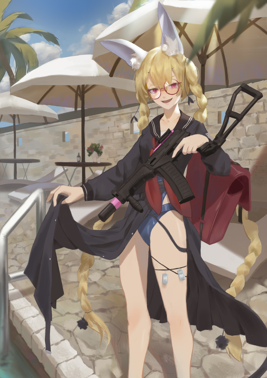 1girl absurdres animal_ears bag blonde_hair blue_swimsuit blush braid cirilla eyebrows_visible_through_hair girls_frontline glasses highres holding holding_weapon long_hair looking_at_viewer neck_ribbon open_mouth purple_eyes red_neckwear ribbon school_bag school_swimsuit school_uniform simple_background skirt skirt_lift smile solo sr-3mp sr-3mp_(girls_frontline) standing swimsuit weapon