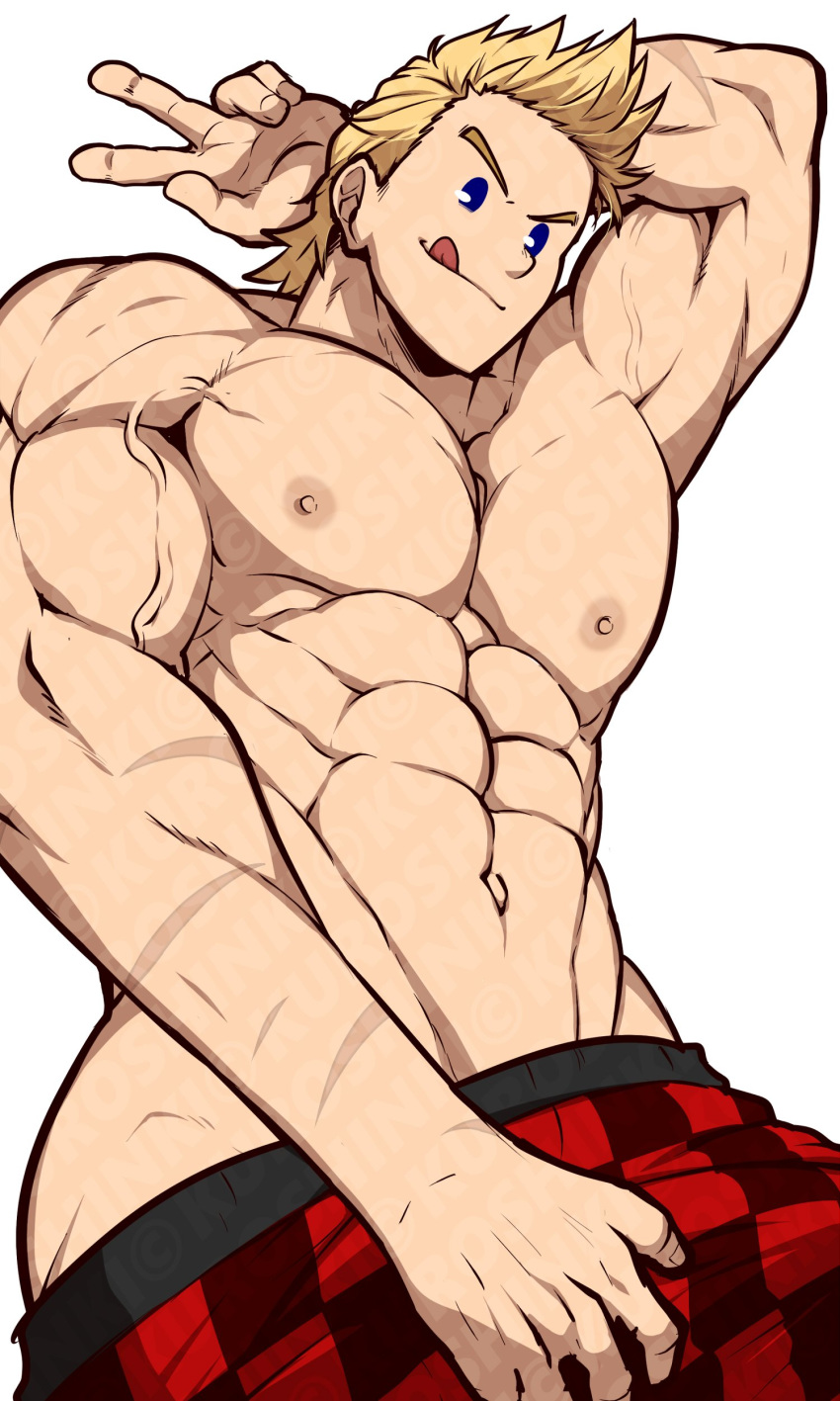 1boy :p abs absurdres arm_up artist_name ass bara blonde_hair blue_eyes boku_no_hero_academia boxers crotch_grab highres kuroshinki licking_lips male_focus muscle navel nipples pectorals red_male_underwear scar scar_on_arm short_hair simple_background smile solo togata_mirio tongue tongue_out underwear underwear_only undressing v veins white_background