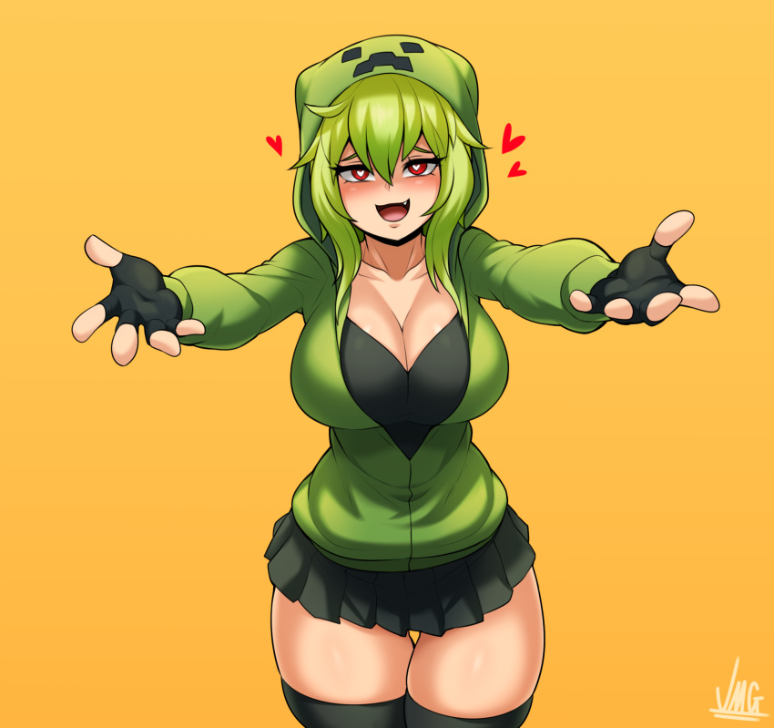 1girl black_legwear black_skirt blush breasts creeparka creeper fang green_hair heart heart-shaped_pupils highres hood hoodie incoming_hug jmg large_breasts looking_at_viewer meme minecraft miniskirt my_little_pogchamp_(meme) nose_blush outstretched_arms personification pleated_skirt red_eyes skirt slender_waist solo symbol-shaped_pupils thick_thighs thigh_gap thighhighs thighs yellow_background