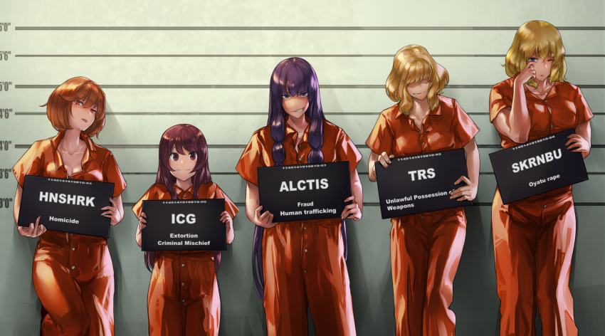 5girls alice_margatroid bangs blonde_hair breasts brown_eyes brown_hair character_name cleavage clenched_teeth closed_mouth commentary_request cookie_(touhou) cowboy_shot crying english_text eyebrows_visible_through_hair hair_between_eyes hair_over_eyes height_chart highres hinase_(cookie) holding holding_sign ichigo_(cookie) jigen_(cookie) lineup long_hair looking_at_viewer medium_breasts megafaiarou_(talonflame_810) middle_finger mugshot multiple_girls one_eye_closed open_mouth orange_jumpsuit patchouli_knowledge prison_clothes purple_eyes purple_hair red_eyes sakuranbou_(cookie) short_hair sign smile standing taisa_(cookie) teeth tongue tongue_out touhou very_long_hair