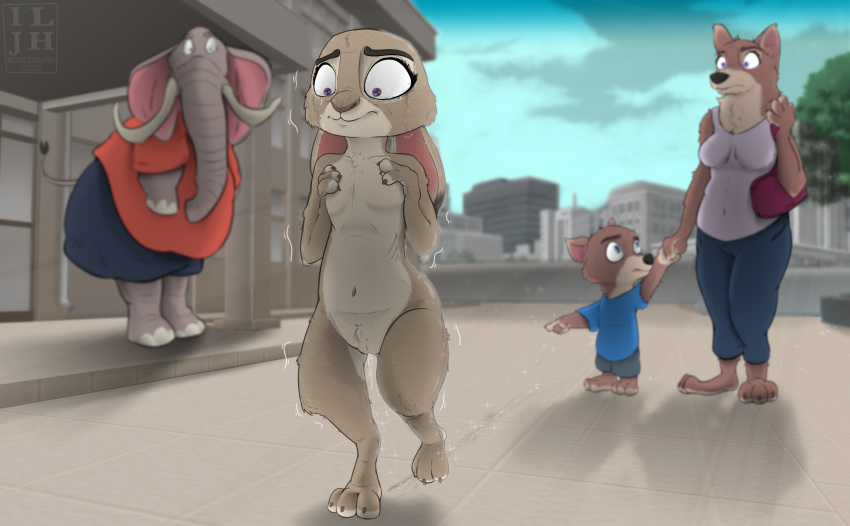 anthro blurred_background bodily_fluids bystander canid canine canis city city_background colored disgust disney elephant elephantid female genital_fluids hi_res humiliation ilovejudyhopps judy_hopps lagomorph leporid mammal moral_dilemma mother nude parent proboscidean public public_exposure public_humiliation pussy_juice rabbit shaking shame tears trail walking wolf zootopia