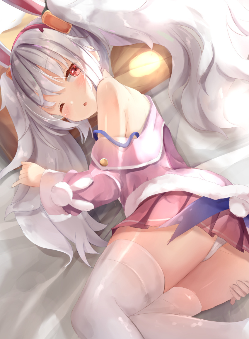 1girl ;o animal_ears ass azur_lane bangs bare_shoulders bed_sheet blush bunny_ears bunny_tail commentary_request eyebrows_visible_through_hair fake_animal_ears fur-trimmed_jacket fur_trim hairband hand_on_own_ass highres jacket laffey_(azur_lane) long_hair lying na!?_(naxtuyasai) off_shoulder on_side one_eye_closed panties parted_lips pink_jacket pleated_skirt red_eyes red_hairband red_skirt silver_hair skirt solo strap_slip tail thighhighs twintails underwear very_long_hair white_legwear white_panties