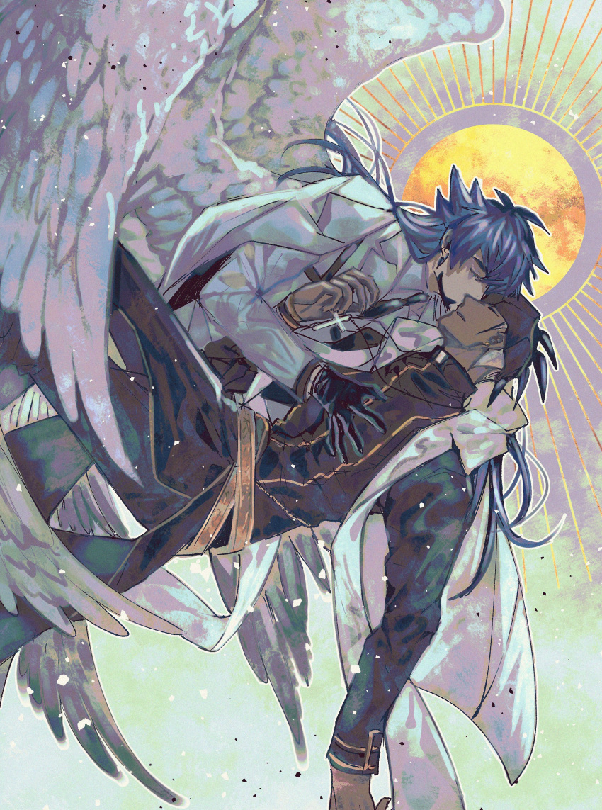 2boys absurdres alternate_costume angel angel_wings aqua_eyes bangs black_gloves black_hair cheek_kiss chiyo_(miichiyochin) closed_eyes couple cross cross_necklace dark_skin dark_skinned_male earrings flying formal gloves highres jewelry kiss leon_(pokemon) long_hair long_sleeves male_focus multiple_boys necklace pokemon pokemon_(game) pokemon_swsh priest purple_hair raihan_(pokemon) shirt short_hair suit tareme white_suit wings yaoi