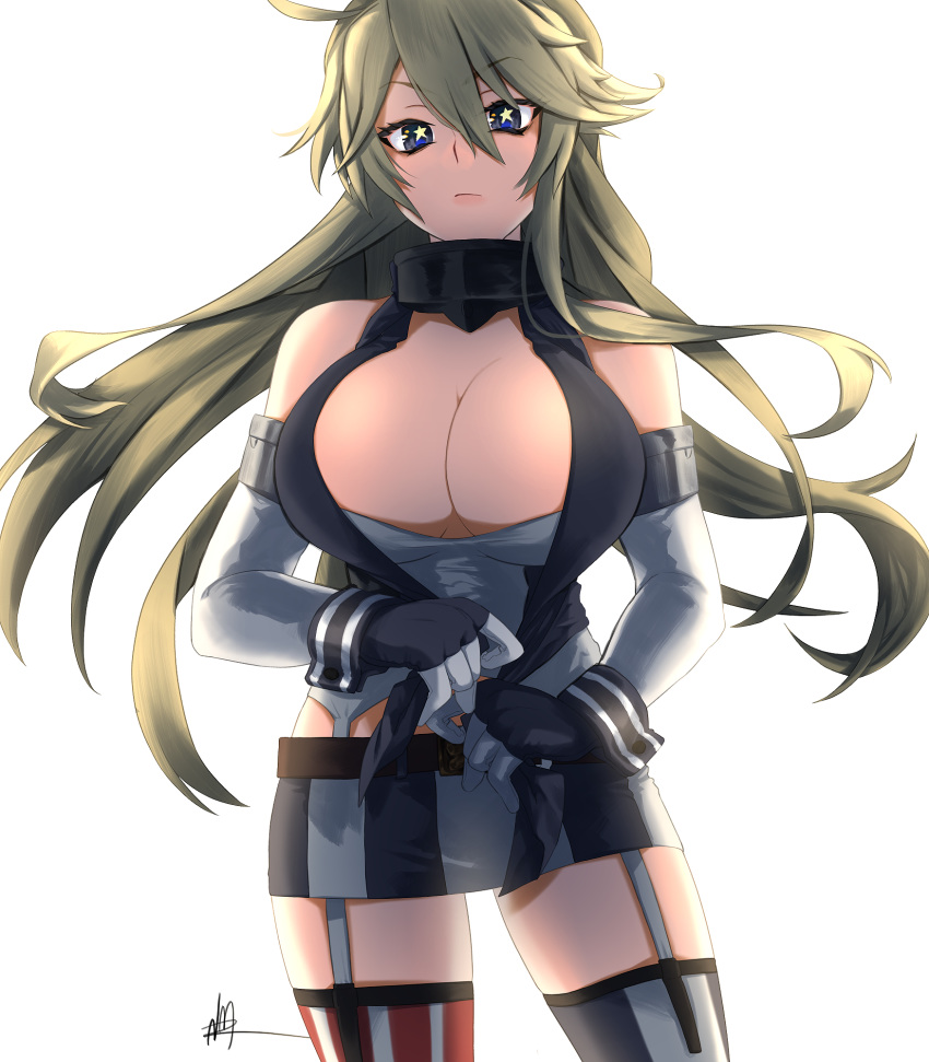 1girl american_flag_legwear bare_shoulders blonde_hair blue_eyes breasts cleavage elbow_gloves eyebrows_visible_through_hair fingerless_gloves front-tie_top garter_straps gloves highres iowa_(kantai_collection) kantai_collection large_breasts long_hair looking_at_viewer miniskirt mismatched_legwear nmz_(namazu) simple_background skirt solo star-shaped_pupils star_(symbol) striped striped_legwear symbol-shaped_pupils thighhighs vertical-striped_legwear vertical-striped_skirt vertical_stripes