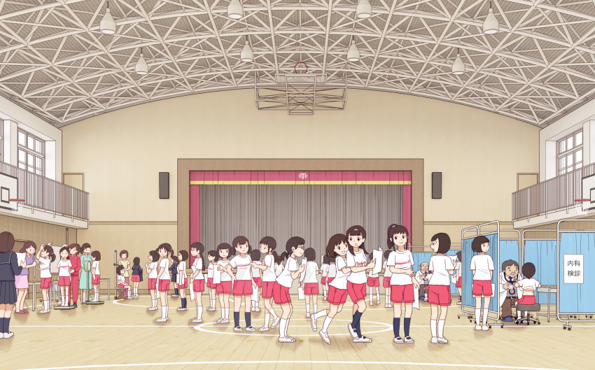 bangs basketball_court breast_grab breasts brown_hair commentary_request doctor glasses grabbing grabbing_from_behind gym_uniform highres holding holding_paper indoors kiyo_(kyokyo1220) labcoat long_hair multiple_girls original paper ponytail school shirt shirt_lift short_hair shorts sitting smile standing stethoscope tape_measure weighing_scale