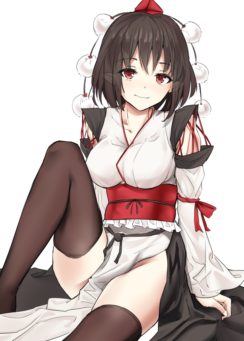1girl absurdres arm_support black_legwear breasts brown_hair closed_mouth collarbone detached_sleeves eyebrows_visible_through_hair feet_out_of_frame hair_between_eyes hat highres kaoshuzi knee_up kourindou_tengu_costume looking_at_viewer medium_breasts pom_pom_(clothes) red_eyes red_headwear shameimaru_aya short_hair simple_background sitting smile solo thighhighs tokin_hat touhou white_background