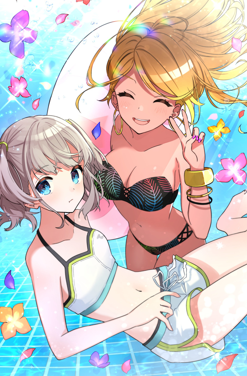 2girls absurdres bangle bare_shoulders bikini bikini_shorts black_bikini blonde_hair blue_eyes bracelet brown_hair closed_eyes closed_mouth commentary_request dark_skin earrings flower glint gradient_hair grey_hair halter_top halterneck highres hoop_earrings idolmaster idolmaster_shiny_colors innertube izumi_mei jewelry long_hair looking_at_viewer midriff multicolored_hair multiple_girls navel open_mouth petals purple_nails serizawa_asahi short_hair shorts smile strapless strapless_bikini swimsuit tomatori_1016 two_side_up v white_bikini