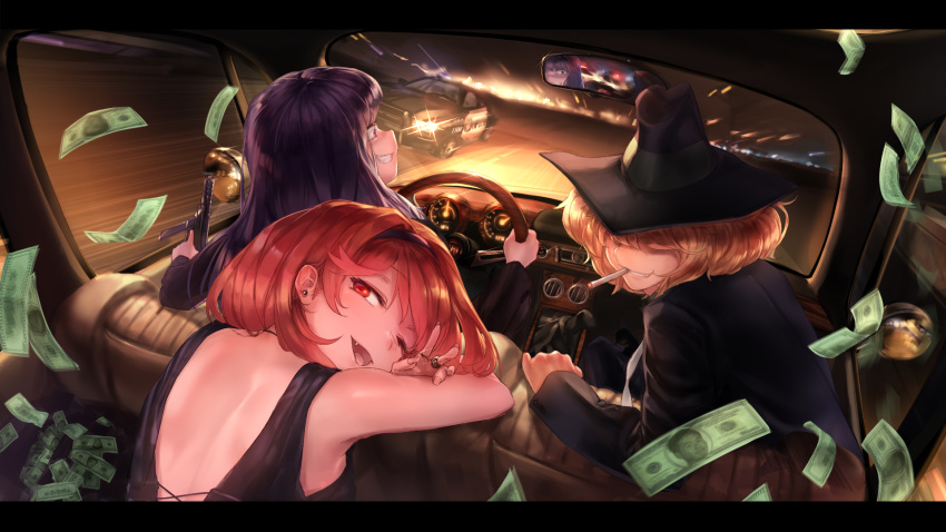 3girls alice_margatroid alternate_costume bangs black_dress black_headwear black_jacket black_pants blazer blonde_hair breasts car car_interior cigarette clenched_teeth commentary cookie_(touhou) dress driving ear_piercing english_commentary fang grand_theft_auto grand_theft_auto_v ground_vehicle gun hair_between_eyes hair_over_eyes hairband handgun hat highres hinase_(cookie) holding holding_gun holding_weapon jacket jewelry jigen_(cookie) long_hair looking_at_viewer looking_back manatsu_no_yo_no_inmu medium_breasts megafaiarou_(talonflame_810) money motion_blur motor_vehicle multiple_girls one_eye_closed open_mouth pants patchouli_knowledge piercing pistol police_car purple_eyes purple_hair red_eyes ring short_hair sitting sleeveless sleeveless_dress smile smoking taisa_(cookie) tec-9 teeth tongue touhou upper_body weapon yajuu_senpai