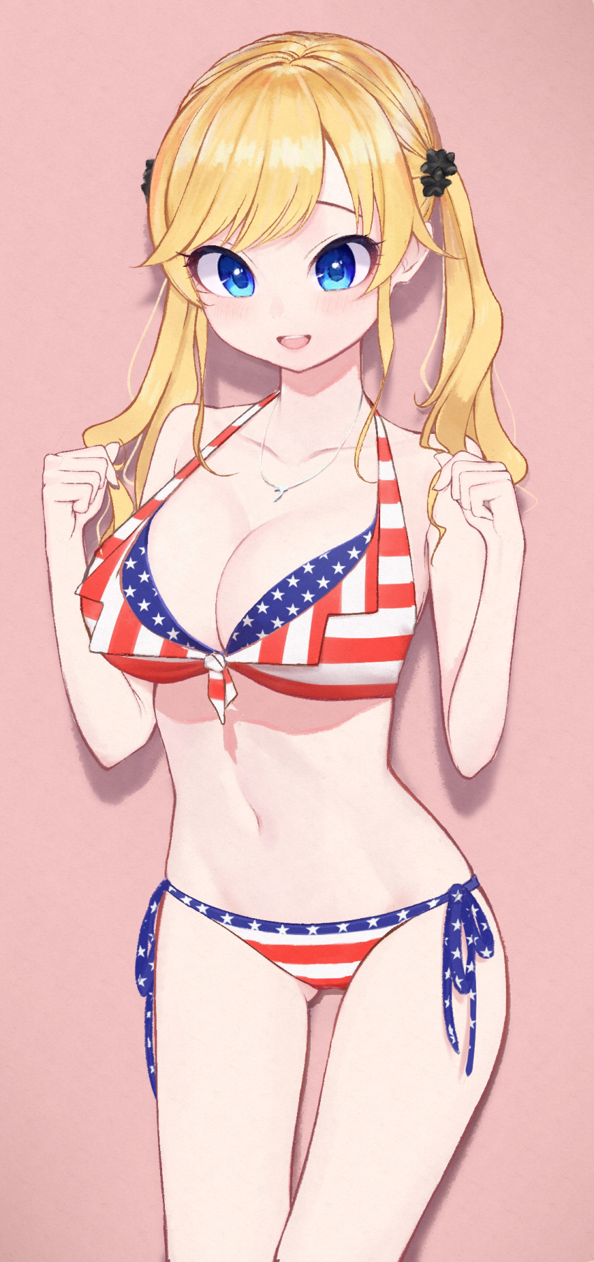 1girl alternate_costume alternate_hairstyle american_flag_bikini bangs bare_arms bare_shoulders bikini blonde_hair blue_eyes blush breasts cleavage collarbone commentary_request cowboy_shot flag_print hair_ornament halter_top halterneck highres idolmaster idolmaster_cinderella_girls jewelry large_breasts long_arms long_hair navel necklace ootsuki_yui open_mouth side-tie_bikini simple_background smile solo standing stomach swimsuit swimwear tase_kazuki twintails