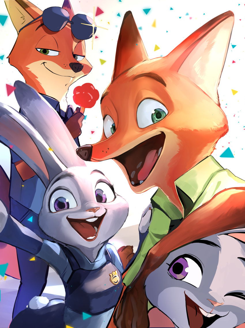 2020 absurd_res anthro black_nose buckteeth canid canine clothed clothing confetti disney eyewear female food fox fully_clothed fur gidora_(artist) green_eyes grey_body grey_fur hi_res holding_food holding_object judy_hopps lagomorph leporid light lighting looking_at_viewer male mammal nick_wilde open_mouth open_smile orange_body orange_fur pawpsicle pink_nose police_uniform popsicle purple_eyes rabbit red_fox smile sunglasses teeth tongue uniform zootopia