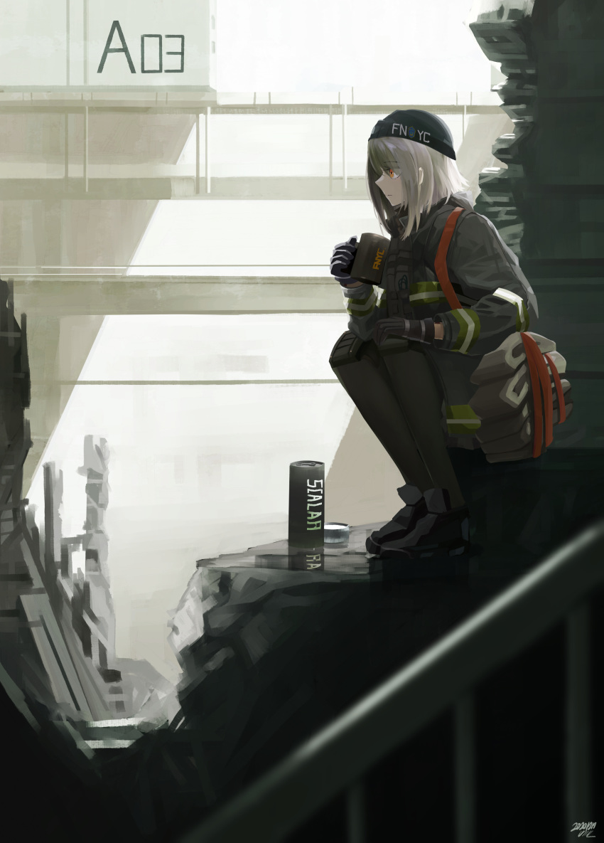 1girl absurdres agent_vector_(girls_frontline) black_footwear black_gloves black_headwear black_legwear closed_mouth cup eyebrows_visible_through_hair firefighter girls_frontline gloves hat highres holding holding_cup kanoe_(kanoe502) long_hair looking_away pantyhose shoes silver_hair sitting solo tom_clancy's_the_division uniform vector_(girls_frontline) yellow_eyes