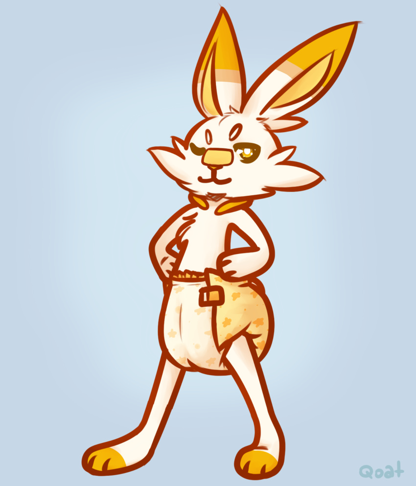 2020 ambiguous_gender anthro big_ears bottomwear clenched_fists clothing cute_expression cute_eyes cute_face diaper fist fluffy fluffy_tail fur hi_res hindpaw lagomorph leporid long_ears looking_at_viewer mammal nintendo orange_body orange_eyes orange_fur padding paws pok&eacute;mon pok&eacute;mon_(species) qoat relaxing scorbunny scut_tail simple_background smile smiling_at_viewer solo standing standing_position touching_diaper video_games white_body white_fur yellow_body yellow_fur