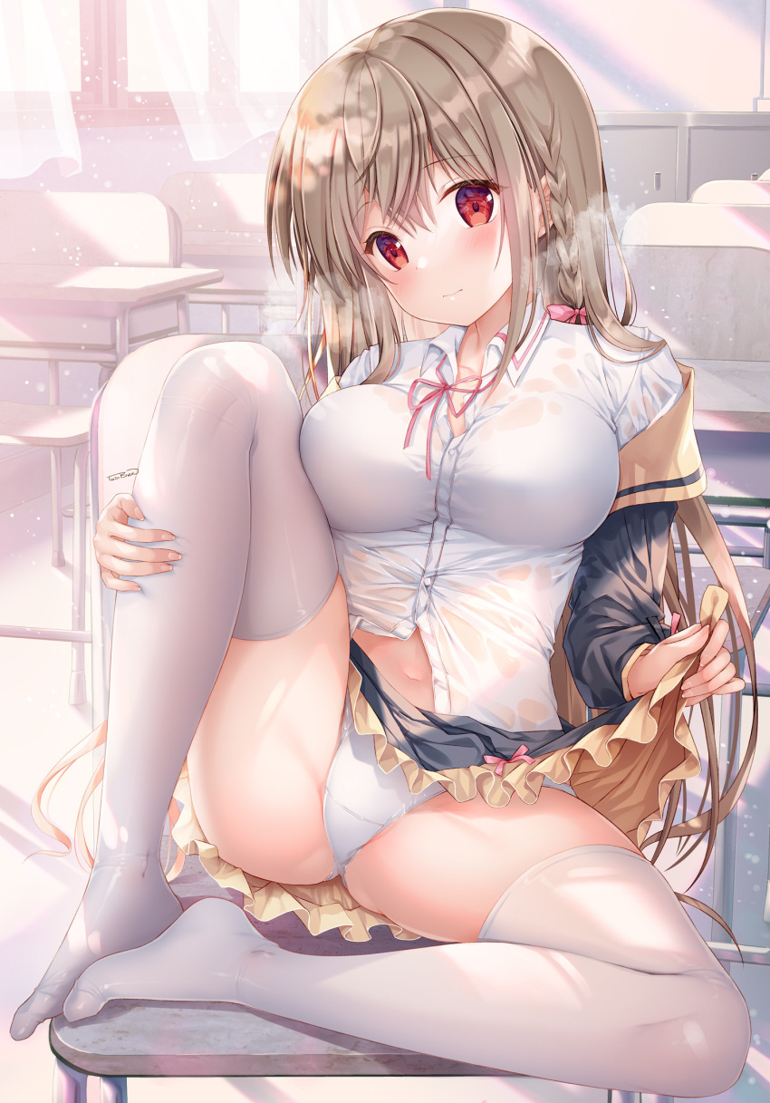 1girl ass black_skirt braid breasts classroom full_body highres indoors large_breasts long_hair looking_at_viewer miniskirt on_chair original panties red_eyes see-through_shirt shirt skin_tight skirt solo sousouman thighhighs underwear very_long_hair wet wet_clothes white_legwear white_panties white_shirt