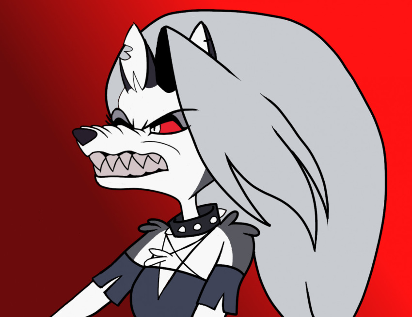 angry anthro canid canid_demon chest_tuft clothing collar demon ear_piercing eyebrows female fur furion100 grey_body grey_fur grey_hair hair hellhound helluva_boss loona_(vivzmind) mammal notched_ear one_eye_closed piercing red_background red_sclera sharp_teeth simple_background solo spiked_collar spikes teeth torn_clothing tuft white_body white_eyes white_fur white_inner_ear