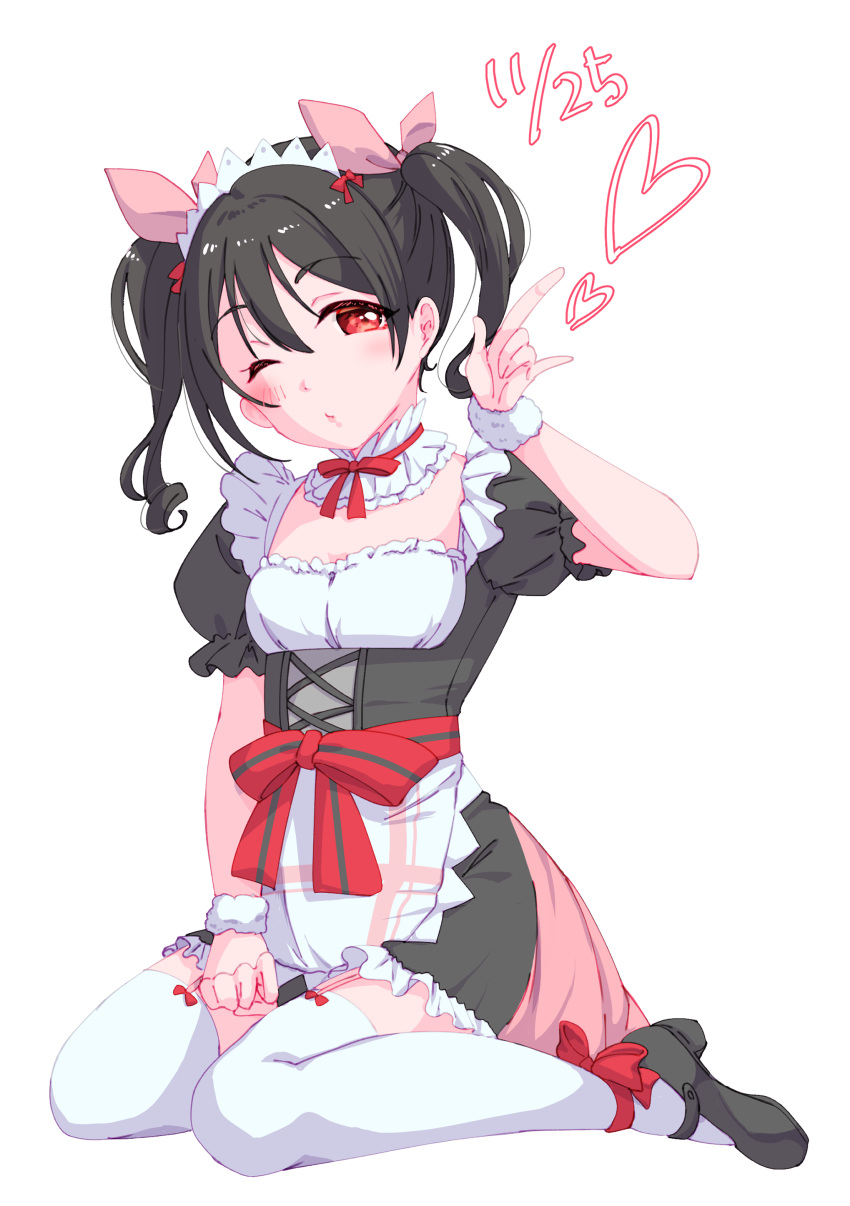 1girl absurdres alternate_costume apron black_footwear black_hair black_shirt black_skirt blush bow breasts choker cleavage enmaided frilled_skirt frills full_body hair_bow highres kobayashi_nyoromichi long_hair looking_at_viewer love_live! love_live!_school_idol_project maid maid_headdress mary_janes miniskirt one_eye_closed pink_bow print_apron red_bow red_eyes shiny shiny_hair shirt shoes short_sleeves simple_background sitting skirt small_breasts solo thighhighs twintails waist_apron wariza white_apron white_background white_choker white_legwear wrist_cuffs yazawa_nico zettai_ryouiki