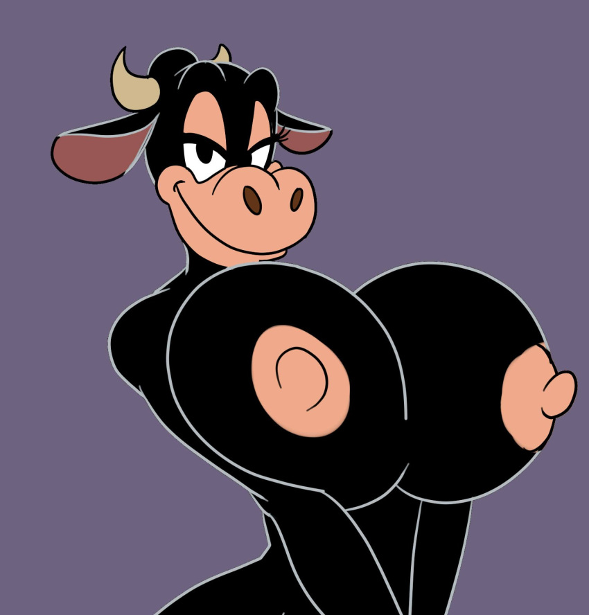 anthro big_breasts black_body black_fur bovid bovine breasts cattle clarabelle_cow disney eyelashes female fur hi_res horn huge_breasts lordstevie mammal nipples smile solo