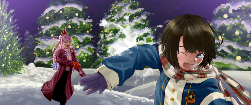 2girls :d absurdres arm_up bangs bird black_hair black_skirt blue_coat blush brown_hair candy_hair_ornament christmas_ornaments christmas_tree coat commentary crown duck food_themed_hair_ornament foot_up furrowed_eyebrows gloves gradient_hair green_eyes hair_ornament hair_rings hair_strand haruno_(user_ajkf5285) heterochromia highres himemori_luna hololive long_hair long_skirt looking_at_another looking_away multicolored_hair multiple_girls nature night night_sky one_eye_closed oozora_subaru open_mouth ornament outdoors outstretched_arm pine_tree pink_hair pink_sweater plaid plaid_scarf playing purple_eyes purple_gloves purple_hair raised_eyebrows red_coat red_gloves scarf scrunchie short_hair skirt sky smile snow snowball snowball_fight snowman solo sweater throwing tree trench_coat turtleneck turtleneck_sweater virtual_youtuber weapon white_coat white_scrunchie winter winter_clothes