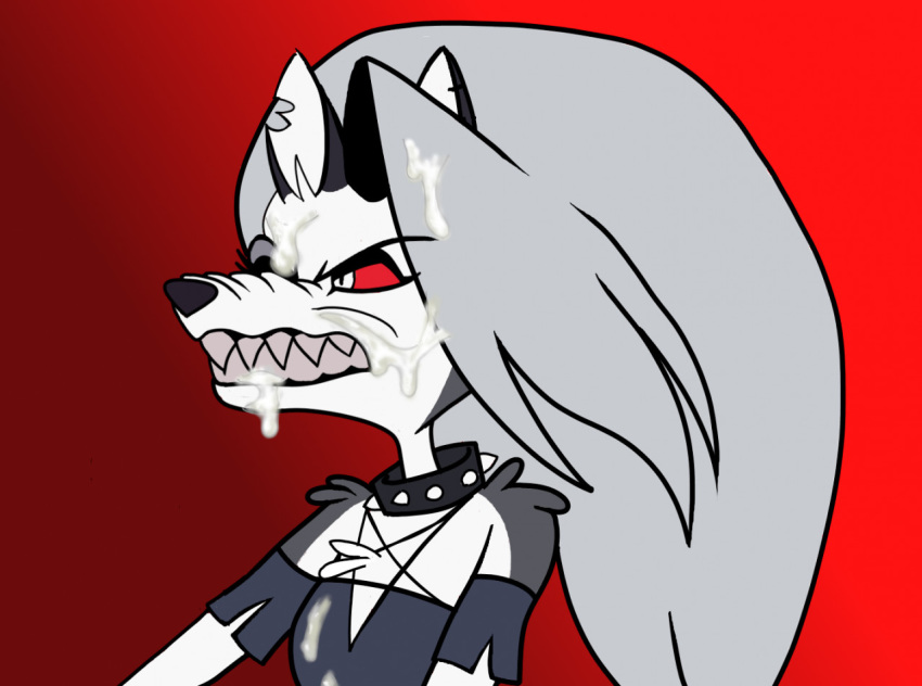 angry anthro bodily_fluids canid canid_demon chest_tuft clothing collar cum cum_on_face demon ear_piercing eyebrows female fur furion100 genital_fluids grey_body grey_fur grey_hair hair hellhound helluva_boss loona_(vivzmind) mammal notched_ear one_eye_closed piercing red_background red_sclera sharp_teeth simple_background solo spiked_collar spikes teeth torn_clothing tuft white_body white_eyes white_fur white_inner_ear