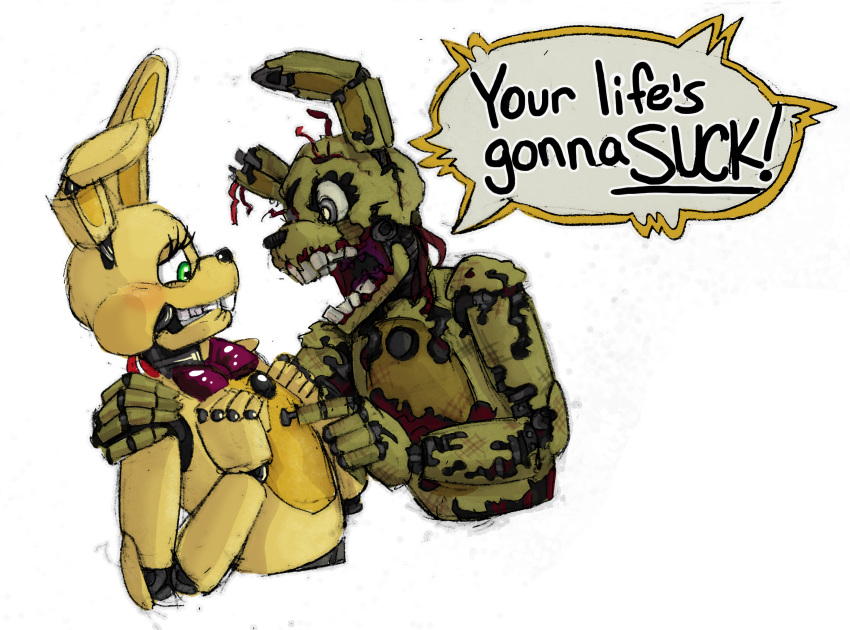 ! 2015 4_fingers animatronic anthro black_nose blush bow_tie buckteeth clenched_teeth dialogue duo eye_contact eyelashes fingers five_nights_at_freddy's five_nights_at_freddy's_3 five_nights_at_freddy's_4 gesture green_body green_eyes green_nose grey_eyes hand_on_arm hi_res lagomorph leporid long_ears looking_at_another looking_down machine male mammal notched_ear open_mouth pointing portrait rabbit robot simple_background speech_bubble spring_bonnie_(fnaf) springtrap_(fnaf) standing teeth the_truth torn_body tristastrange01 video_games white_background wide_eyed wire yelling yellow_body yellow_ears