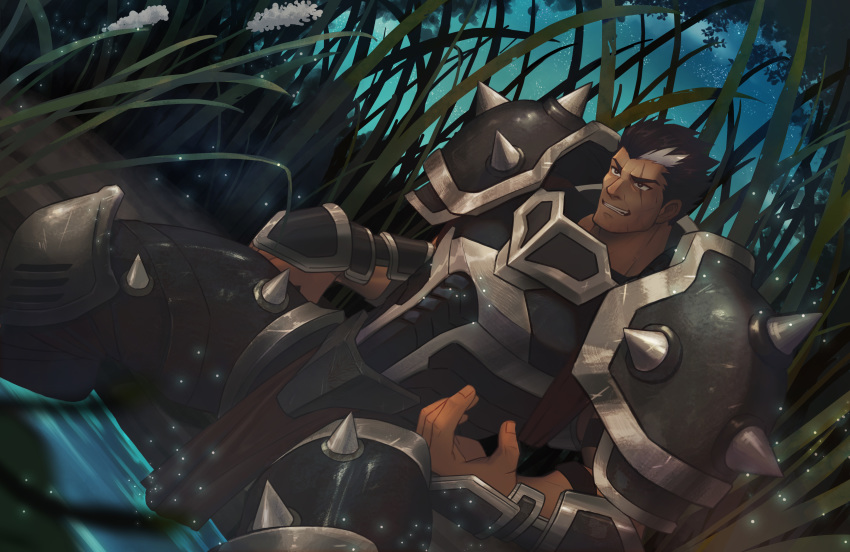 1boy absurdres armor bara beckoning black_hair breastplate character_request f_jun highres league_of_legends male_focus metal multicolored_hair pauldrons pelvic_curtain pond reward_available scar scar_across_eye short_hair shoulder_armor sitting smirk solo spikes streaked_hair vambraces white_hair