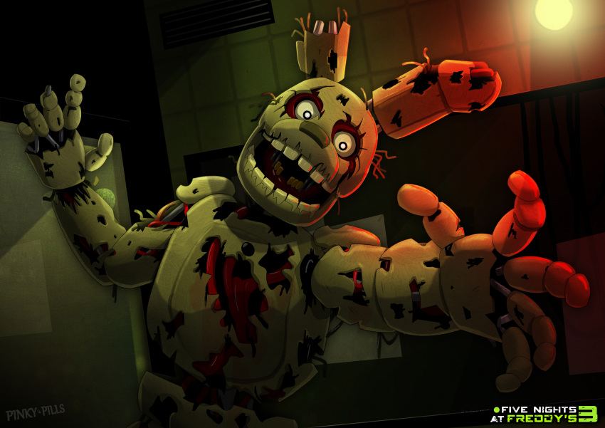 2017 5_fingers absurd_res animatronic anthro dilated_pupils english_text fingers five_nights_at_freddy's five_nights_at_freddy's_3 green_body green_nose head_tilt hi_res inside lagomorph leporid light looking_at_viewer machine male mammal notched_ear open_mouth pinkypills_(artist) portrait pose rabbit raised_arm reaching_towards_viewer robot smile solo springtrap_(fnaf) standing teeth text torn_body video_games wallpaper white_eyes wire yellow_sclera yellow_teeth