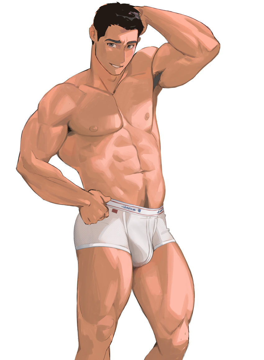 1boy abs armpit_hair bara black_hair body_hair boxers bulge feet_out_of_frame grey_eyes hand_on_own_head highres horikwawataru male_focus muscle navel navel_hair nipples original pectorals short_hair smile solo thighs underwear underwear_only white_background white_male_underwear