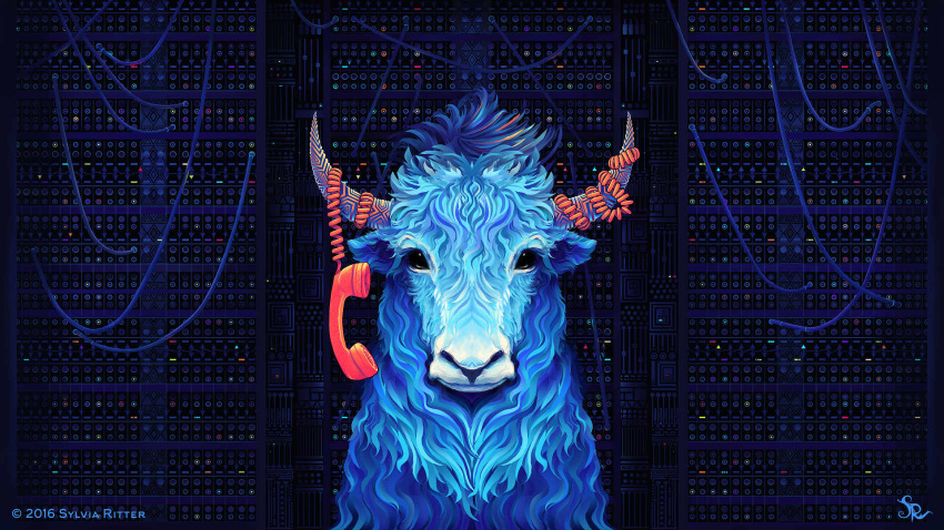 16:9 2016 black_eyes blue_body blue_fur bovid bovine english_text feral fur hi_res looking_at_viewer mammal phone server sylvia_ritter text wallpaper widescreen yak