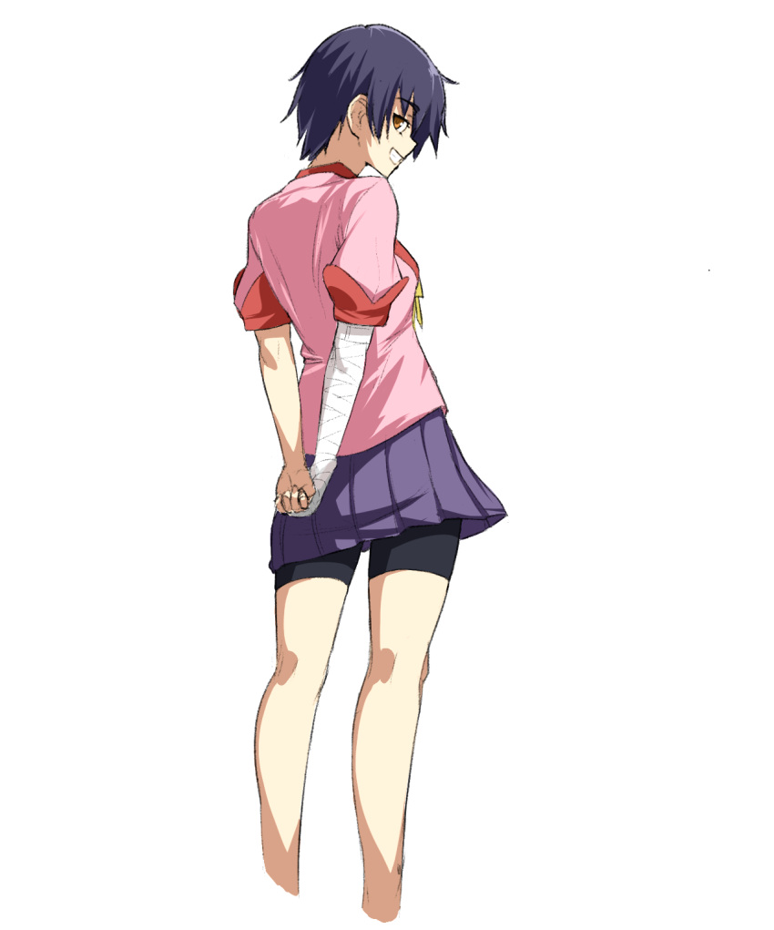 1girl :d arms_behind_back bakemonogatari bandaged_arm bandages bangs bike_shorts black_hair black_shorts breasts brown_eyes commentary cropped_legs english_commentary feet_out_of_frame from_behind grin highres juliet_sleeves kanbaru_suruga long_sleeves looking_at_viewer looking_back miniskirt monogatari_(series) naoetsu_high_school_uniform neck_ribbon open_mouth pink_shirt pleated_skirt puffy_sleeves purple_skirt ribbon school_uniform shirt short_hair short_sleeves shorts shorts_under_skirt simple_background skirt small_breasts smile solo standing sumairuzu thigh_gap tomboy very_short_hair white_background yellow_neckwear yellow_ribbon