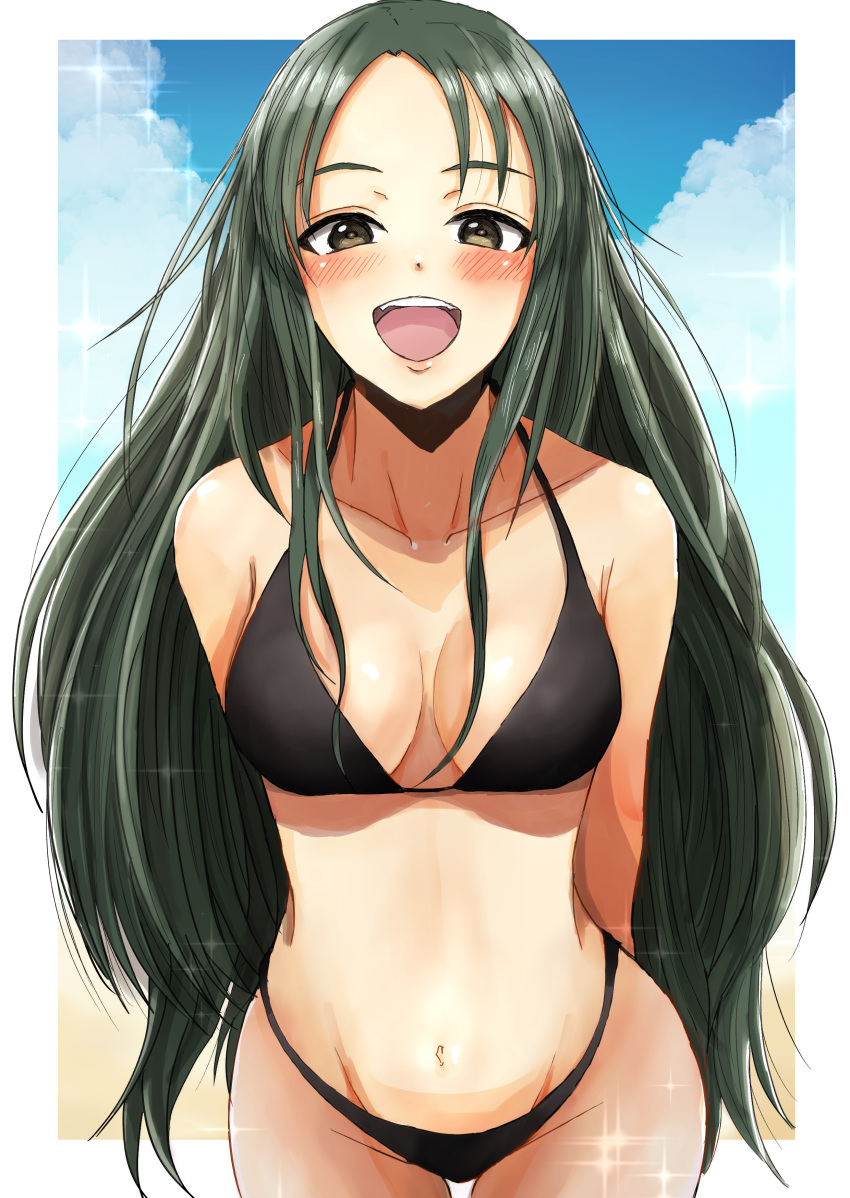 1girl absurdres arms_behind_back bangs bikini black_bikini blue_sky blush breasts brown_eyes cleavage cloud cloudy_sky collarbone commentary cowboy_shot day green_hair groin highres long_hair looking_at_viewer mebunryo_(mebunryo2) medium_breasts midriff navel open_mouth outdoors parted_bangs sky smile solo sparkle straight_hair suzumiya_haruhi_no_yuuutsu swimsuit tsuruya