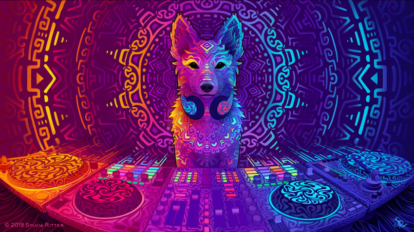 16:9 2019 ambiguous_gender black_eyes canid canine canis dingo disc_jockey dj_booth feral looking_at_viewer mammal solo sylvia_ritter widescreen