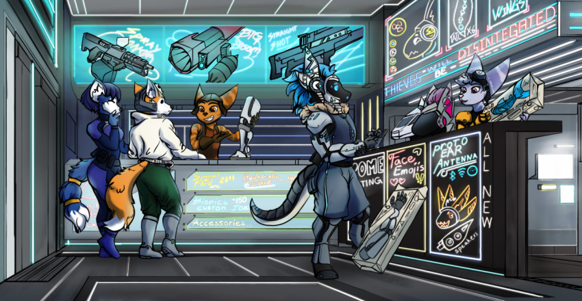 anthro blue_body blue_fur brown_body brown_fur canid canine crossover fan_character felid feline female fox fox_mccloud fur futuristic giggling group krystal lombax machine male mammal nintendo prosthetic prosthetic_limb protogen ratchet_and_clank rift_apart_lombax robot robotic_arm science_fiction sony_corporation sony_interactive_entertainment star_fox store stripes video_games weapon
