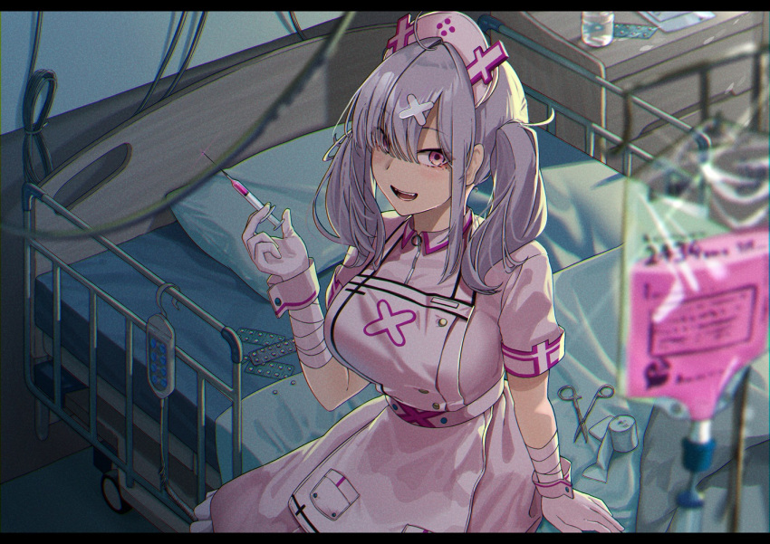 1girl apron bandages bed blush breasts drugs duplicate gloves green_hair hair_over_one_eye hat hospital hospital_bed huge_breasts indoors intravenous_drip looking_at_viewer nijisanji noeru nurse nurse_cap open_mouth pill pillow pink_eyes scissors sidelocks sitting solo sukoya_kana syringe twintails virtual_youtuber white_gloves wrist_cuffs wristband