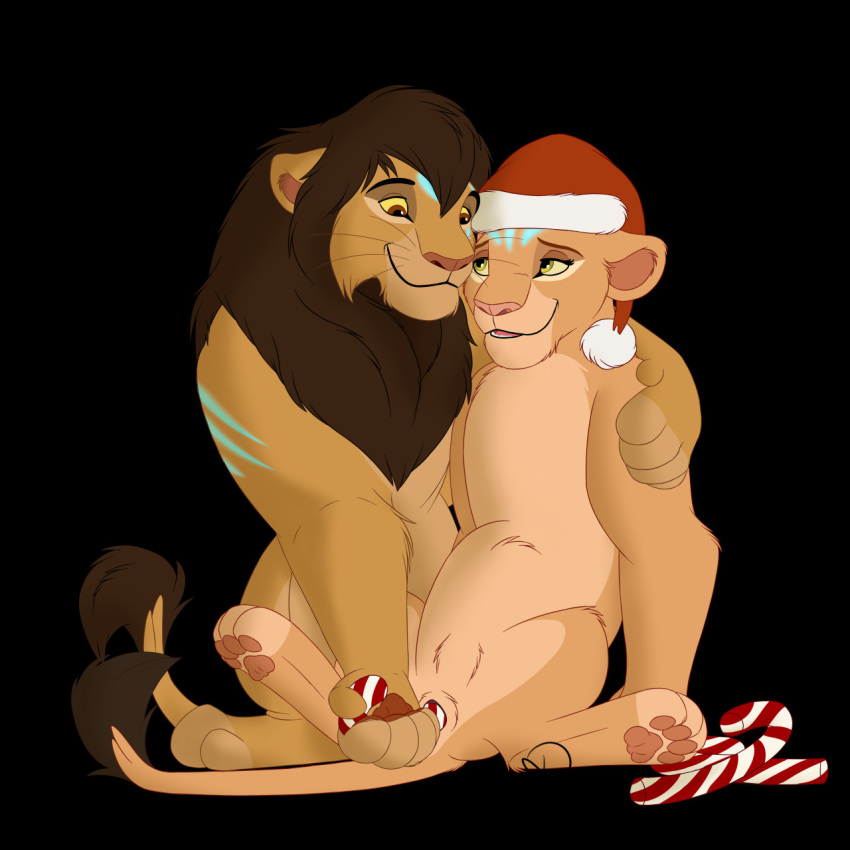 1:1 candy candy_cane christmas christmas_clothing christmas_headwear clothing dessert disney duo felid feline female feral food genitals hat headgear headwear hi_res holidays lion male male/female mammal mane pantherine penetration pussy santa_hat simple_background the_lion_king thereaven vaginal
