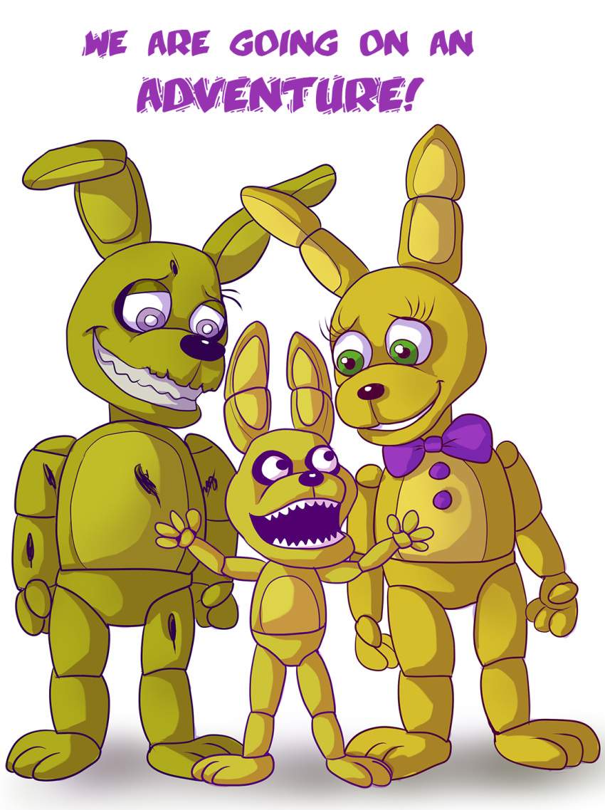 ! 2015 2020 3_toes 4_fingers ambiguous_gender animatronic anthro barefoot black_eyes black_nose bow_tie english_text eye_contact eyelashes featureless_crotch fingers five_nights_at_freddy's five_nights_at_freddy's_3 five_nights_at_freddy's_4 five_nights_at_freddy's_world green_body green_eyes grey_eyes group happy hi_res ladyfiszi lagomorph leporid long_ears looking_at_another looking_down looking_up machine male mammal open_mouth plushtrap_(fnaf) rabbit raised_arm robot shadow sharp_teeth simple_background size_difference smile spring_bonnie_(fnaf) springtrap_(fnaf) standing teeth text toes torn_body video_games white_background wire yellow_body yellow_ears